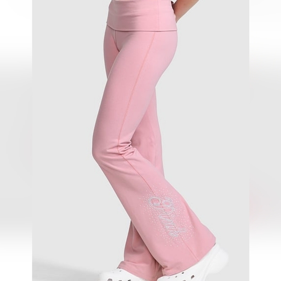 VICTORIA'S SECRET PINK Cotton Foldover Flare Leggings L Regular VS Pink Bling - Picture 1 of 7